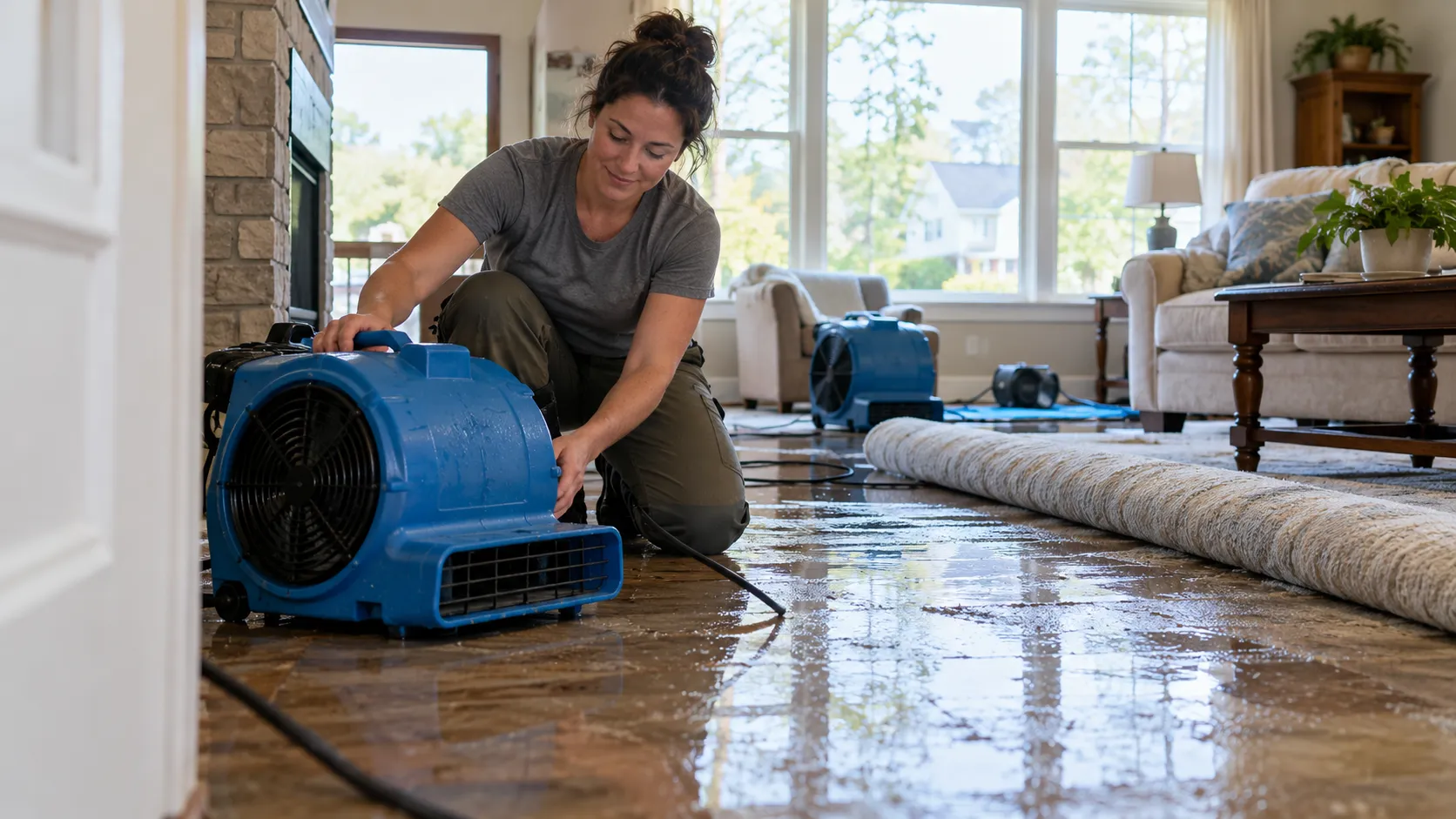 Water damage restoration technician drying a flooded living room in Riverside